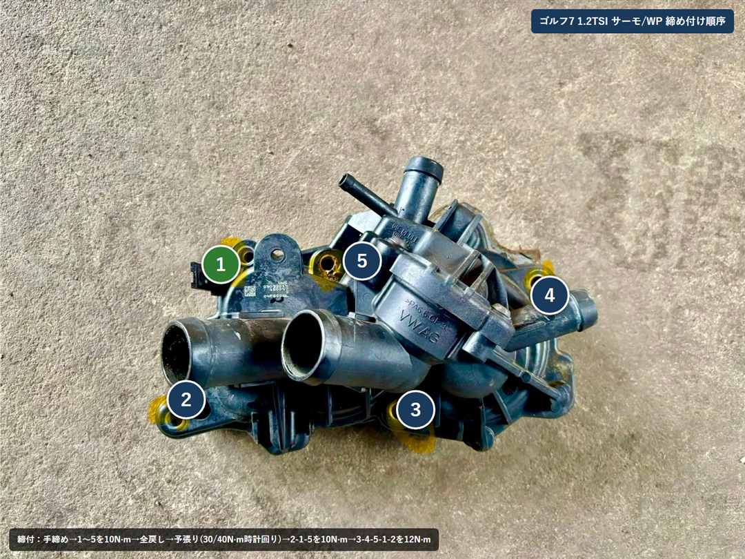 ゴルフ7 1.2TSI サーモ/WPモジュール 実物の締め付け順序①〜⑤(整備士naoの実車部品)