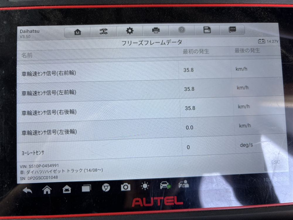 フリーズフレームデータ。右前・左前・右後は35.8km/hだが左後輪だけ0.0km/h