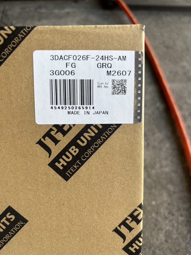 アクアNHP10のリアに使ったJTEKT(Koyo)ハブユニットの箱ラベル。品番3DACF026F-24HS-AM・3G006・MADE IN JAPAN