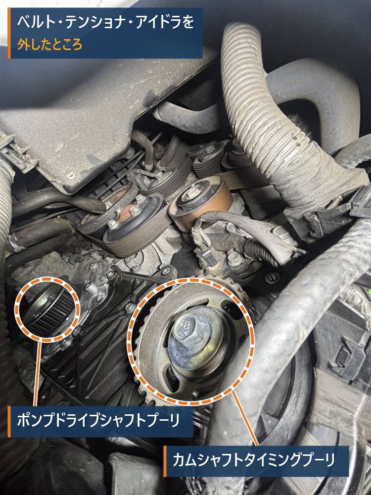 ハイエース1KD-FTVのタイミングベルト、テンショナ、アイドラを外した状態。カムシャフトタイミングプーリとポンプドライブシャフトプーリを丸で囲んでいる