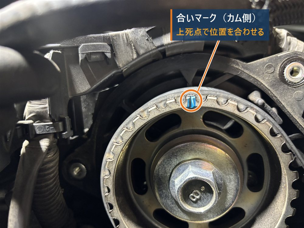 ハイエース1KDのカムシャフトタイミングプーリの合いマーク。青いペイントを丸で囲んでいる